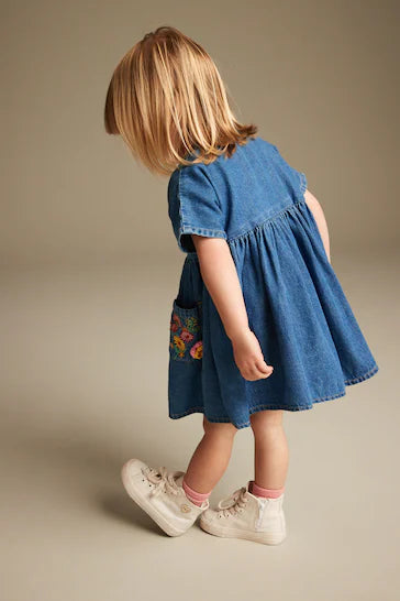 |Niña| Vestido Relaxed de Algodón - Jeans Bordados Azules (3 meses a 8 años)