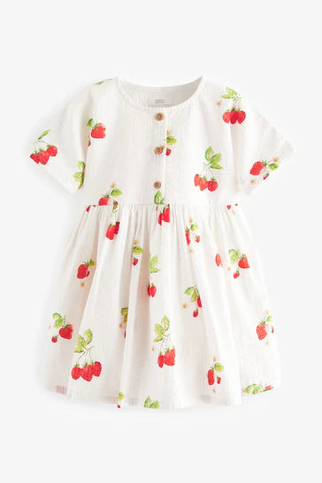 |Girl| Vestido Descontraído De Algodão - Estampa Morango (3 meses a 8 anos)