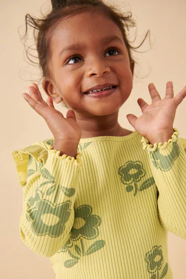 |Niña| Camiseta de manga larga de algodón rico con volantes y canalé – Flor verde (3 meses a 7 años)