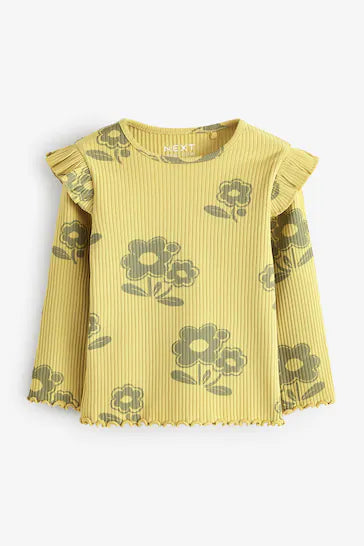 |Niña| Camiseta de manga larga de algodón rico con volantes y canalé – Flor verde (3 meses a 7 años)