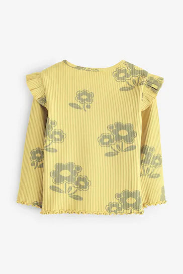 |Niña| Camiseta de manga larga de algodón rico con volantes y canalé – Flor verde (3 meses a 7 años)