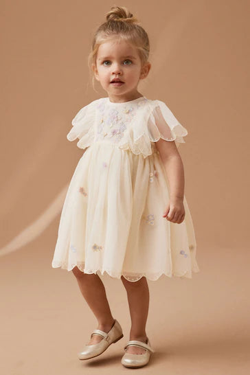 |Girl| Vestido de malha bordado creme (3 meses a 7 anos)