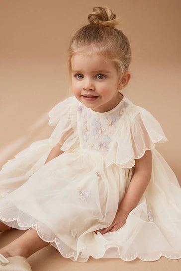 |Girl| Vestido de malha bordado creme (3 meses a 7 anos)