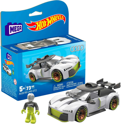 Conjunto de carro de corrida de brinquedo de construção MEGA Hot Wheels, Audi R8 LMS GT2 com 73 peças, 1 micro figura de ação motorista, branco, ideias de presentes para crianças de 5 anos ou mais, HKF93