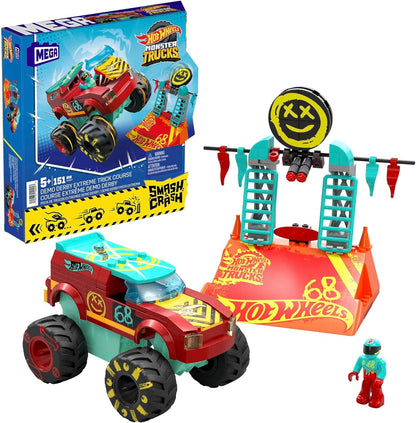 MEGA Hot Wheels Monster Trucks Building Toy, Demo Derby Extreme Trick Course com 151 peças, 1 Micro Action Figure Driver, Vermelho, Crianças de 5 anos ou mais