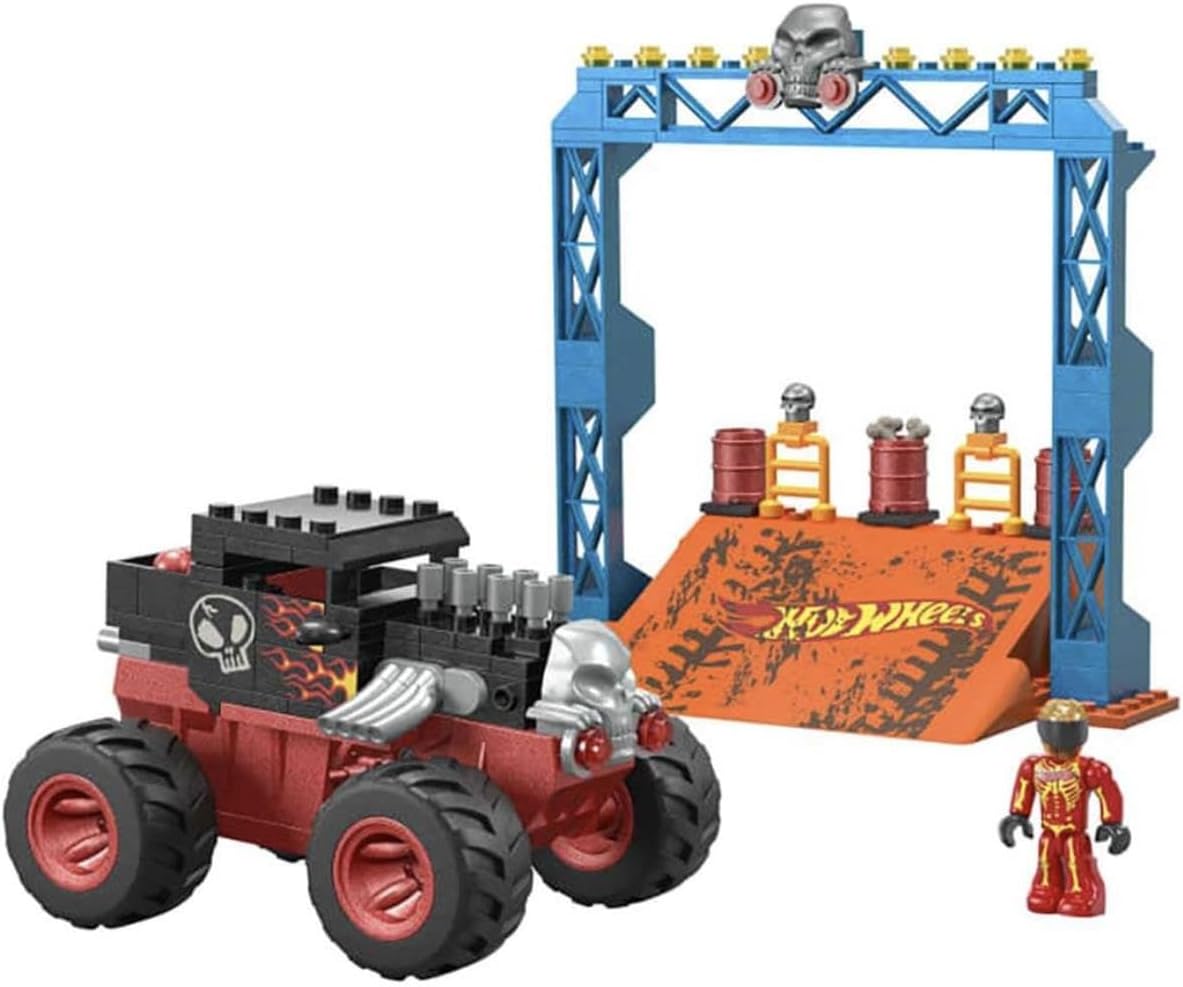 MEGA Hot Wheels Monster Trucks Building Toy, Smash & Crash Bone Shaker Crush Course com 151 peças, 1 figura e 1 rampa, vermelho, crianças de 5 anos ou mais, HKF87