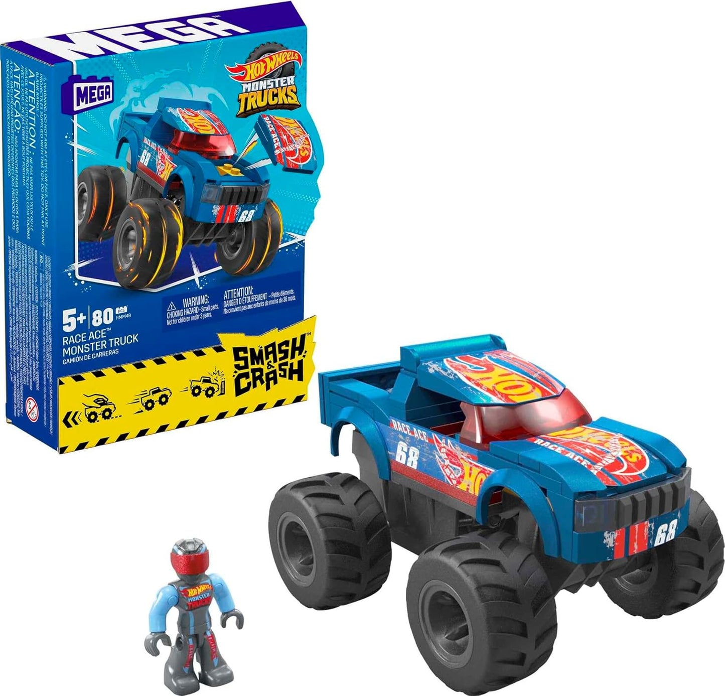 MEGA Hot Wheels Monster Trucks Building Toy Car, Smash and Crash Race Ace com 85 peças, 1 micro driver de figura de acção, azul, crianças de 5 anos ou mais, HMM49