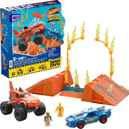 MEGA Hot Wheels Monster Trucks construindo carros de brinquedo, Smash & Crash Tiger Shark Chomp Course com 245 peças, 2 figuras e 1 rampa, crianças a partir dos 5 anos, HKF88