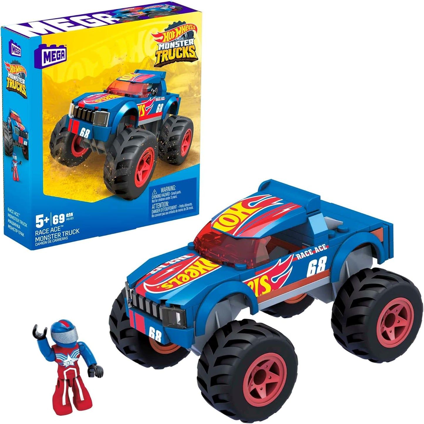 Conjunto de construção Mega Hot Wheels Race Ace Monster Truck conjunto de construção de carro de brinquedo com condutor de microfigura, 69 peças, conjunto de oferta para meninos e meninas a partir dos 5 anos