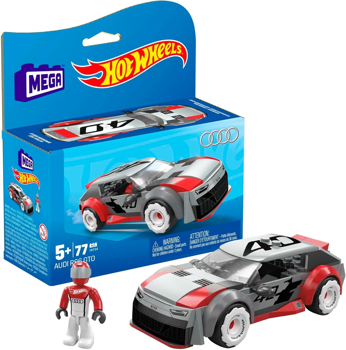 MEGA Hot Wheels Building Toy Race Car Playset, Audi RS 6 GTO Concept com 77 peças, 1 micro boneco de acção, cinzento, crianças com mais de 5 anos