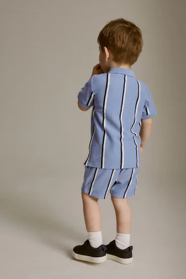 |Boy| Conjunto De 2 Peças De Camisa Polo e Shorts com Zíper - Blue Vertical Stripe (3 meses a 7 anos)