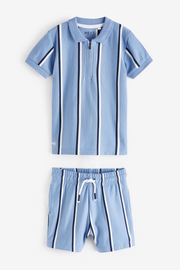 |Boy| Conjunto De 2 Peças De Camisa Polo e Shorts com Zíper - Blue Vertical Stripe (3 meses a 7 anos)