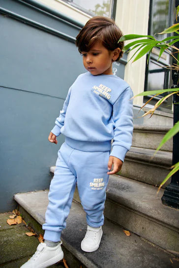 |Niño| Conjunto de sudadera y jogging con slogan azul claro (3 meses a 7 años)