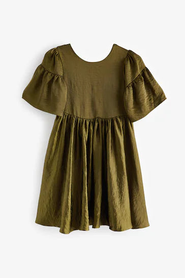 |Niña| Vestido Satén Textura - Verde Oliva (3-16 años)