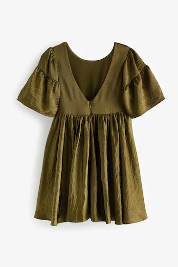 |Niña| Vestido Satén Textura - Verde Oliva (3-16 años)