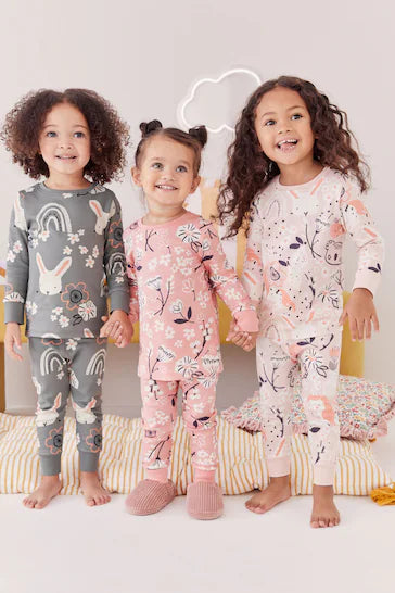 |Niña| Pack de 3 pijamas estampados de manga larga - Conejito rosa/gris (9 meses a 10 años)