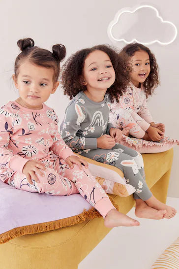 |Niña| Pack de 3 pijamas estampados de manga larga - Conejito rosa/gris (9 meses a 10 años)