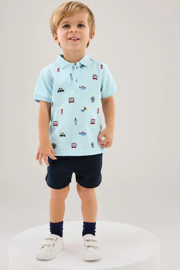 |Boy|  Conjunto de camisa pólo e shorts estampados - Azul (3 meses a 7 anos)