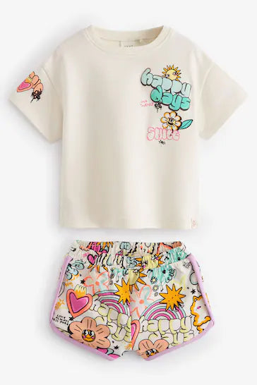 |Girl| Conjunto De Camiseta e Shorts De Manga Curta - Creme branco (3 meses a 7 anos)