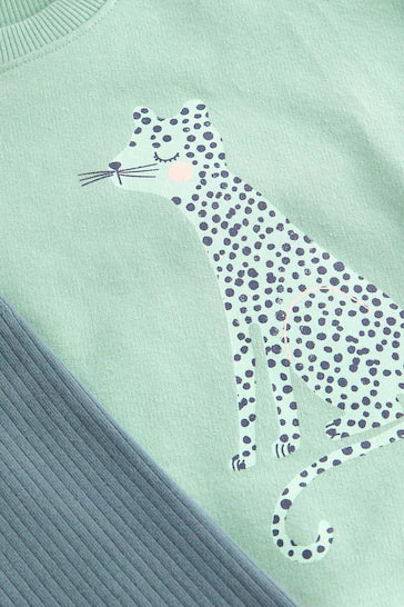 |Niña| Conjunto de sudadera y leggings con personaje de leopardo verde (de 3 meses a 7 años)