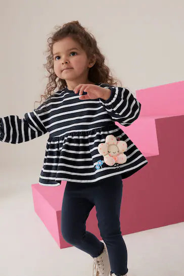 |Niña| Conjunto de top peplum y leggings - Rayas azul marino (3 meses a 7 años)