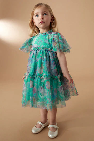 |Girl| Vestido De Malha Em Camadas - Green Floral (3 meses a 7 anos)