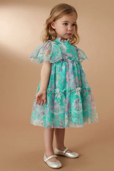 |Niña| Vestido de malla en capas - Verde floral (3 meses a 7 años)