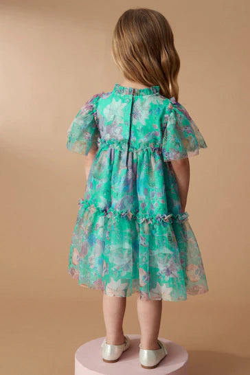 |Girl| Vestido De Malha Em Camadas - Green Floral (3 meses a 7 anos)