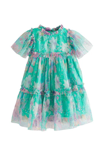 |Niña| Vestido de malla en capas - Verde floral (3 meses a 7 años)