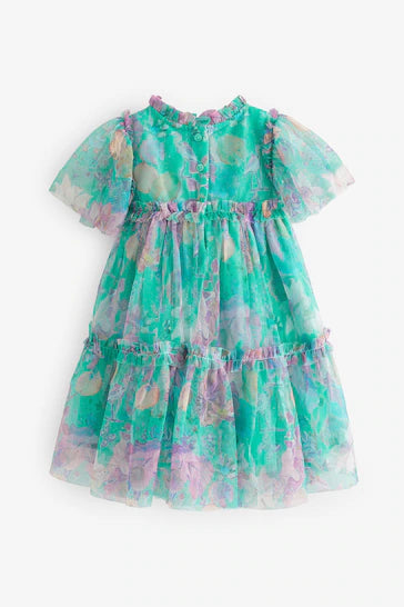 |Girl| Vestido De Malha Em Camadas - Green Floral (3 meses a 7 anos)