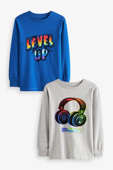 |Boy| Camisetas Gráficas de Manga Comprida, Pacote Com - Blue/Grey Rainbow Headphones 2 (3-16 anos)