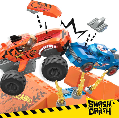 MEGA Hot Wheels Monster Trucks construindo carros de brinquedo, Smash & Crash Tiger Shark Chomp Course com 245 peças, 2 figuras e 1 rampa, crianças a partir dos 5 anos, HKF88