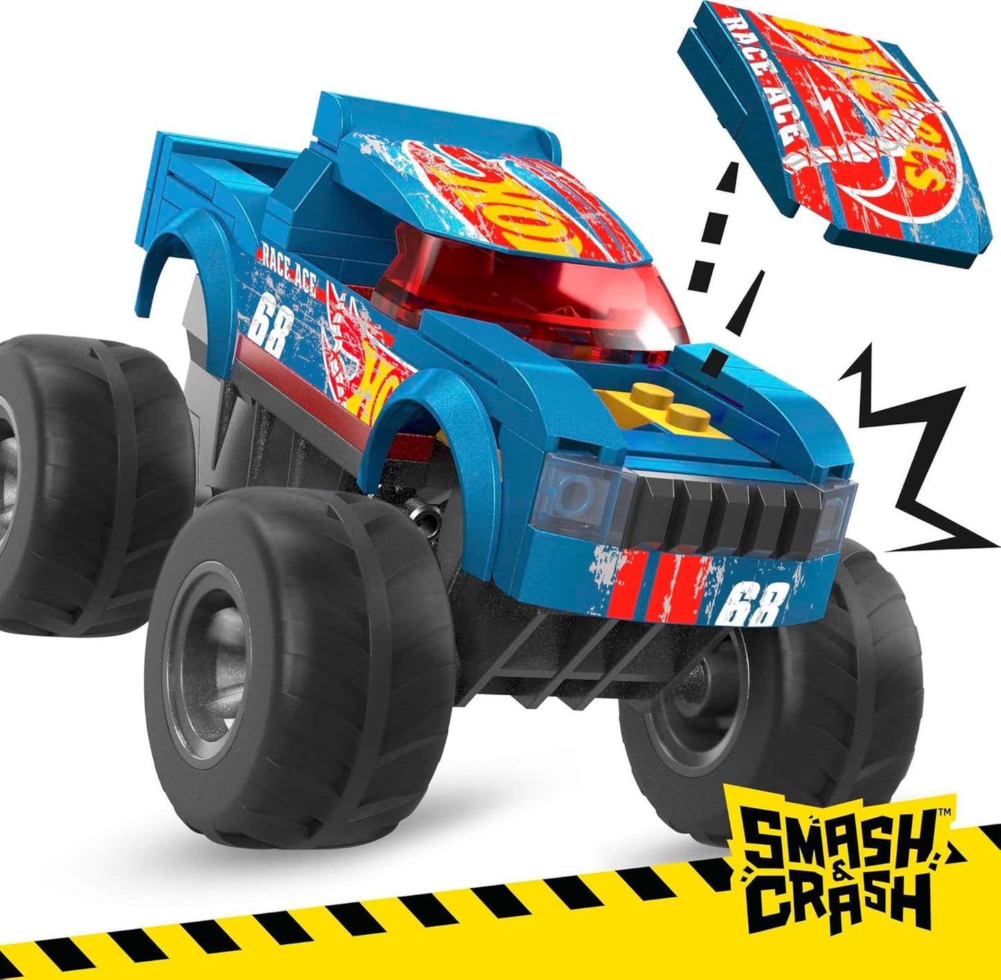 MEGA Hot Wheels Monster Trucks Building Toy Car, Smash and Crash Race Ace com 85 peças, 1 micro driver de figura de acção, azul, crianças de 5 anos ou mais, HMM49