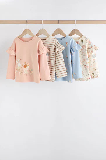 |Niña| Camisetas de manga larga con volantes, 100 % algodón, paquete de 4 - Rosa (3 meses a 7 años)