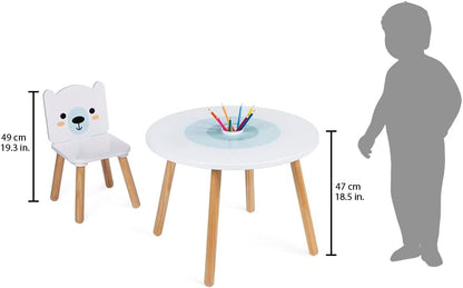 Janod - Mesa e 2 Cadeiras de Madeira para Bloco de Gelo - Mesa Infantil Redonda com Porta Lápis Removível - 1 Cadeira Urso Polar e 1 Cadeira Pinguim - Ideal para Crianças a partir de 3 Anos