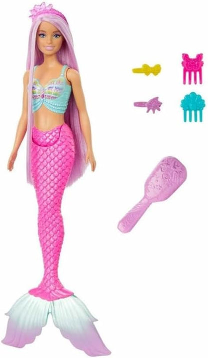 Barbie Boneca sereia com cabelo de fantasia rosa de 7 polegadas de comprimento e acessórios coloridos para brincadeiras de estilo, como faixa de cabeça e presilhas, HRR00