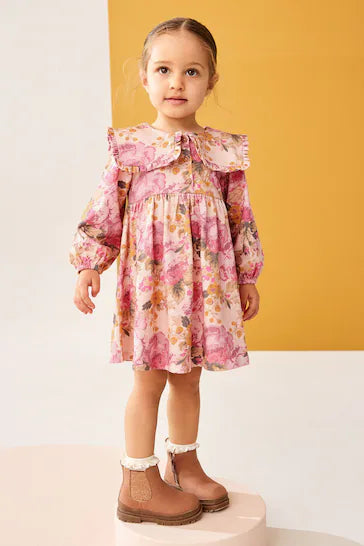 |Girl| Vestido 100% Algodão Com Gola Manga Comprida - Rosa (3 meses a 7 anos)