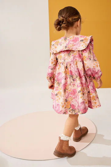 |Girl| Vestido 100% Algodão Com Gola Manga Comprida - Rosa (3 meses a 7 anos)