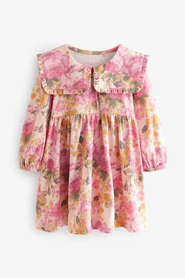 |Girl| Vestido 100% Algodão Com Gola Manga Comprida - Rosa (3 meses a 7 anos)