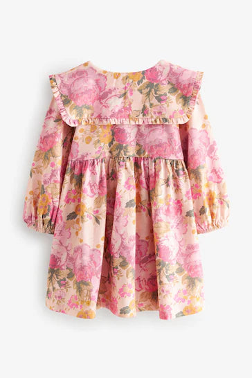 |Girl| Vestido 100% Algodão Com Gola Manga Comprida - Rosa (3 meses a 7 anos)