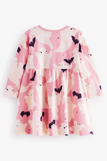 |Girl| Vestido Rosa/Creme 100% Algodão Halloween Manga Comprida Em Jersey (3 meses a 7 anos)