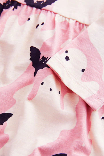 |Girl| Vestido Rosa/Creme 100% Algodão Halloween Manga Comprida Em Jersey (3 meses a 7 anos)