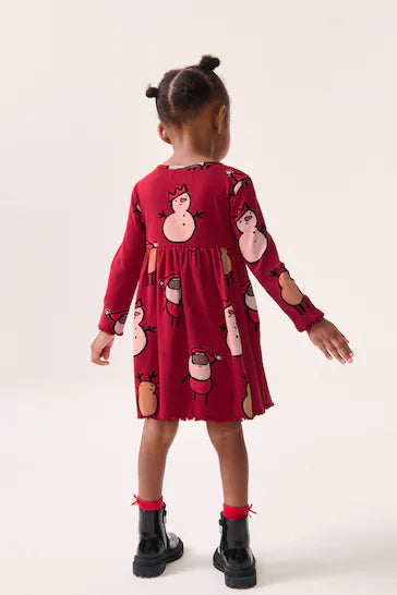 |Girl| Vestido De Natal Em Jersey Vermelho 100% Algodão Manga Comprida (3 meses a 7 anos)