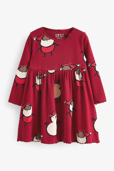 |Girl| Vestido De Natal Em Jersey Vermelho 100% Algodão Manga Comprida (3 meses a 7 anos)