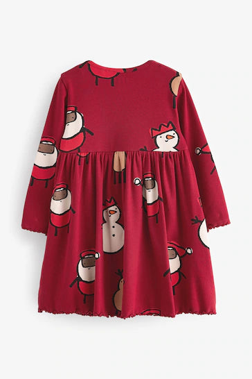 |Girl| Vestido De Natal Em Jersey Vermelho 100% Algodão Manga Comprida (3 meses a 7 anos)