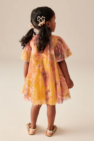 |Girl| Vestido De Malha Floral Amarelo Ocre (3 meses a 7 anos)