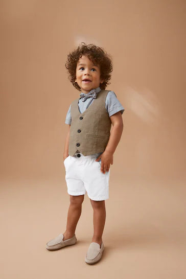 |Boy| Conjunto De Colete, Camisa, Short e Gravata Borboleta Marrom Claro (3 meses a 9 anos)