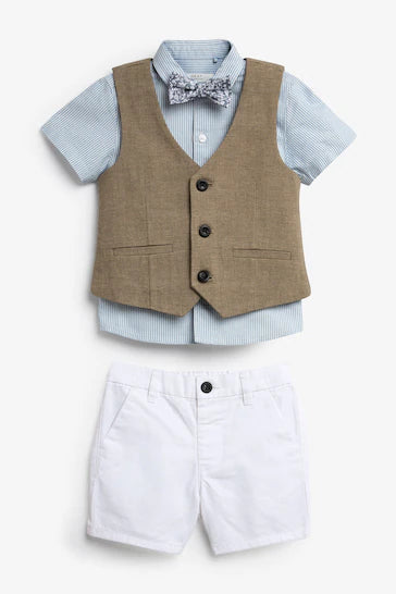 |Boy| Conjunto De Colete, Camisa, Short e Gravata Borboleta Marrom Claro (3 meses a 9 anos)