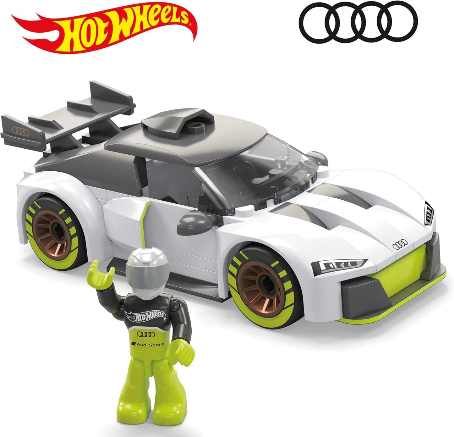 Conjunto de carro de corrida de brinquedo de construção MEGA Hot Wheels, Audi R8 LMS GT2 com 73 peças, 1 micro figura de ação motorista, branco, ideias de presentes para crianças de 5 anos ou mais, HKF93