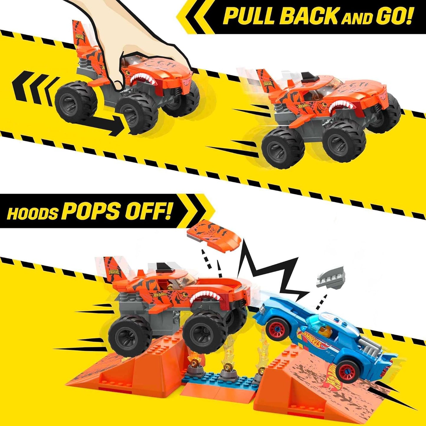 MEGA Hot Wheels Monster Trucks construindo carros de brinquedo, Smash & Crash Tiger Shark Chomp Course com 245 peças, 2 figuras e 1 rampa, crianças a partir dos 5 anos, HKF88